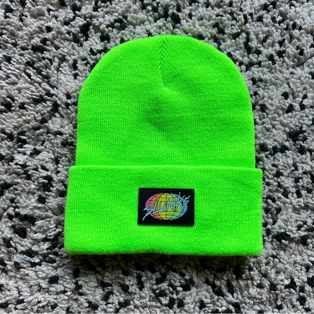 Slunks Beanie Hat Logo Patch Neon Green Volleyball Activewear Unisex One Size
